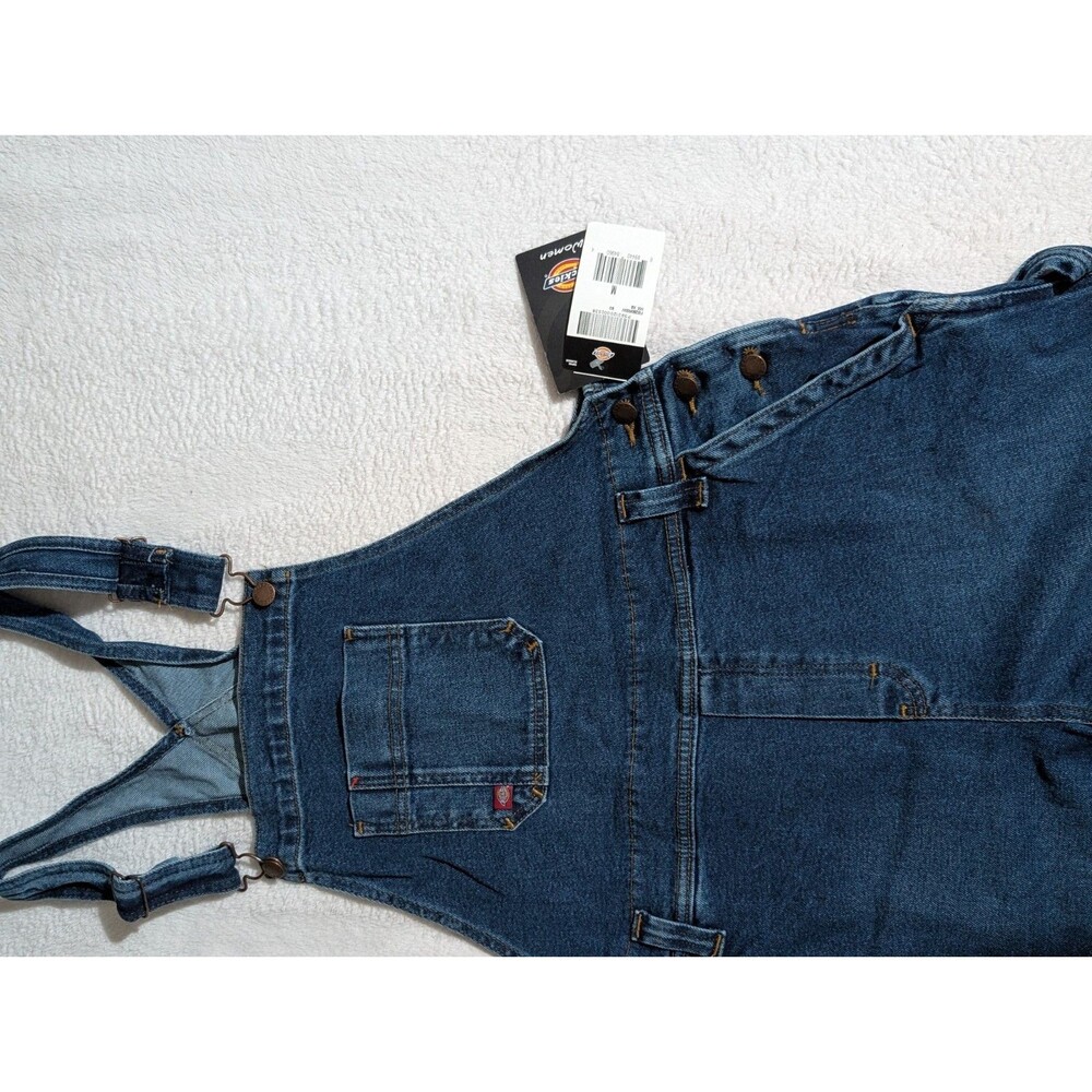 Dickies Women Boyfriend Bib Overalls Dark Wash Denim Stretch Size M NWT - Picture 3 of 7